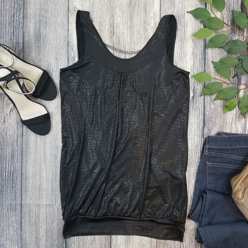 COOGI Y2K Black Spell Out Logo Draped Chain Tank Blouse